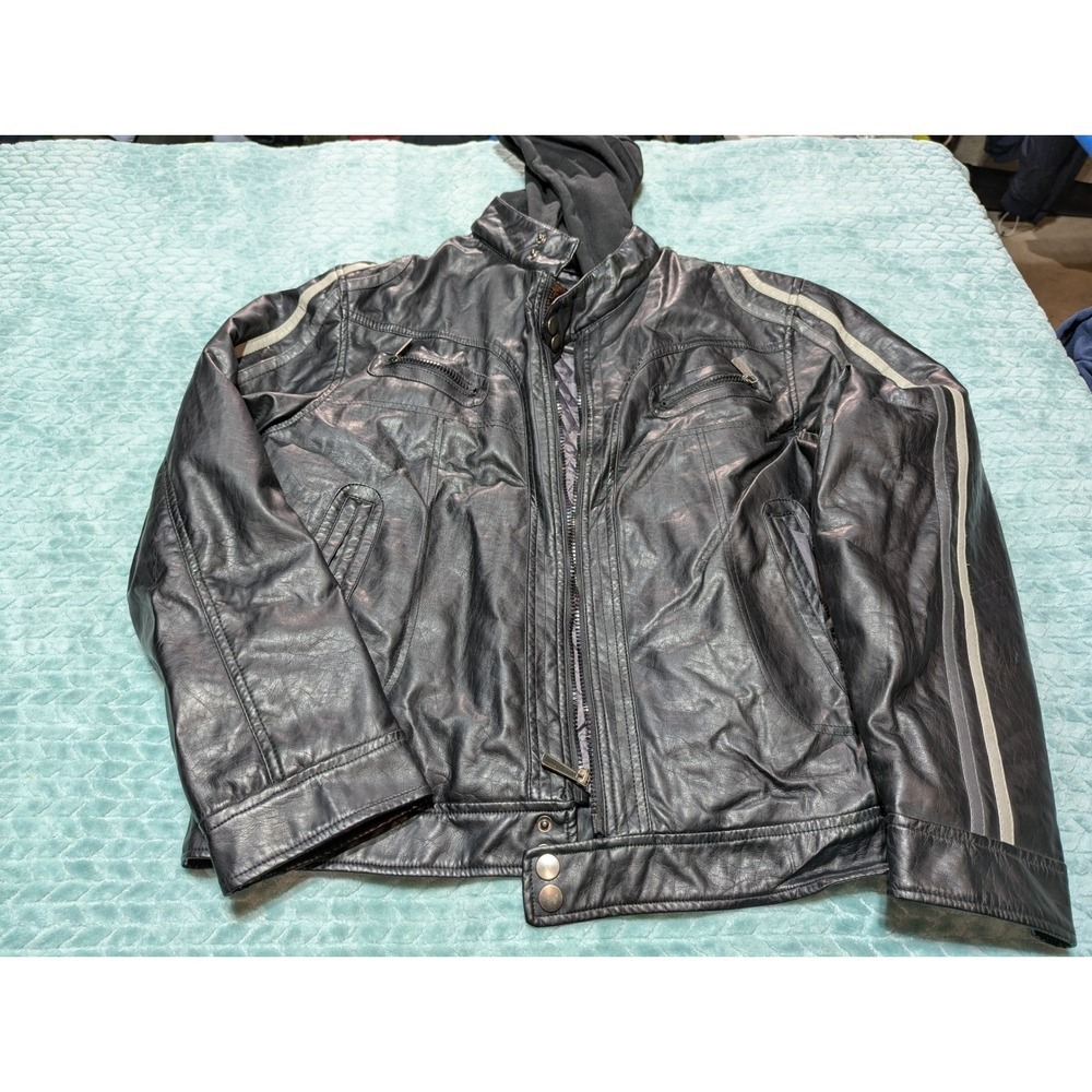 Whispering Smith Mens Faux Leather Hooded Cafe Racer Jacket Black Large Stripe